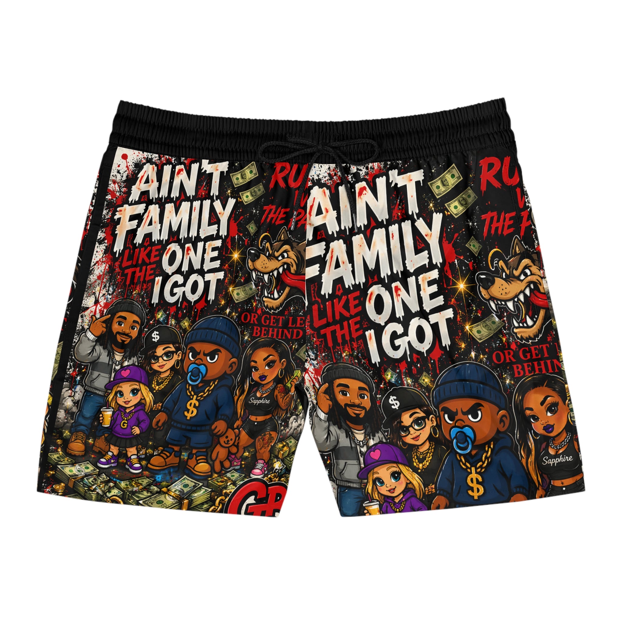 Ain't Family Swim Shorts - Bold Streetwear Cartoon All-Over Print