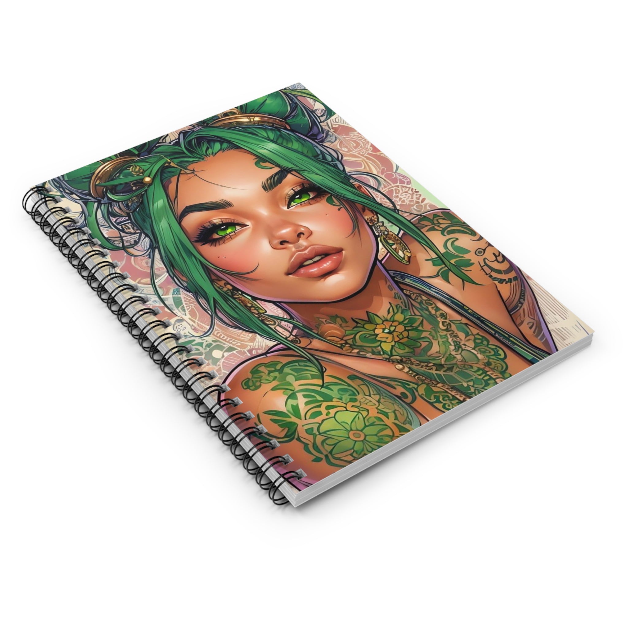 Green Tattooed Girl Spiral Notebook — Anime-Style Ruled Journal