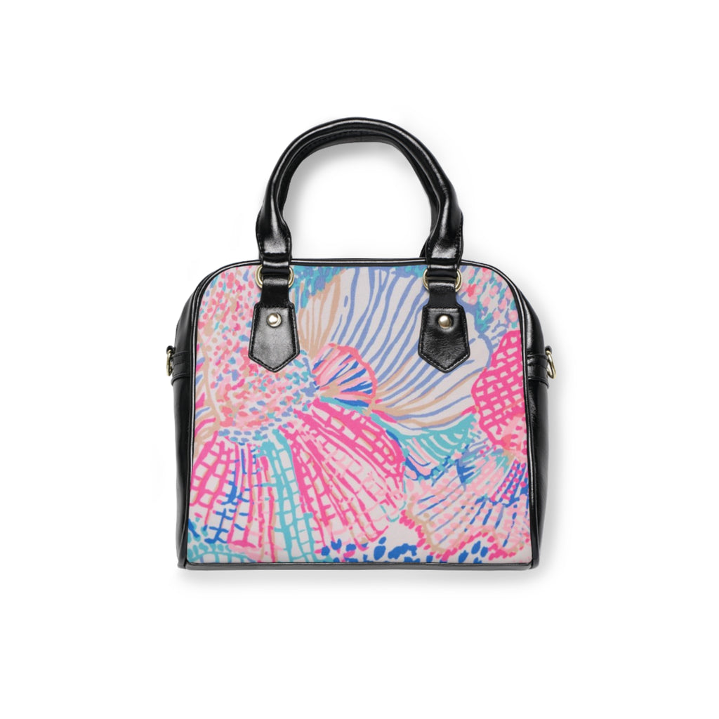 Floral Shell Print Shoulder Handbag — Pink Beachy Pattern Tote