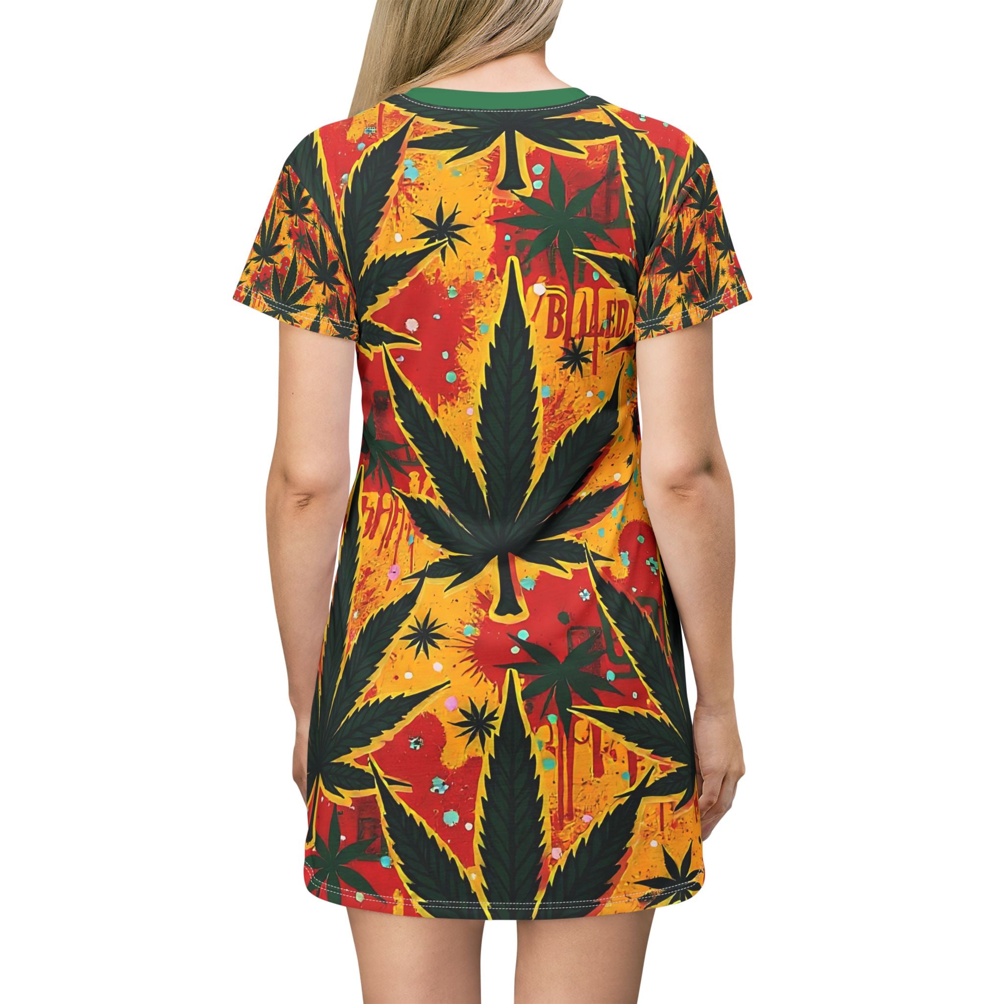 Bold Leaf Drip T-Shirt Dress – Street Art Summer Statement Dress