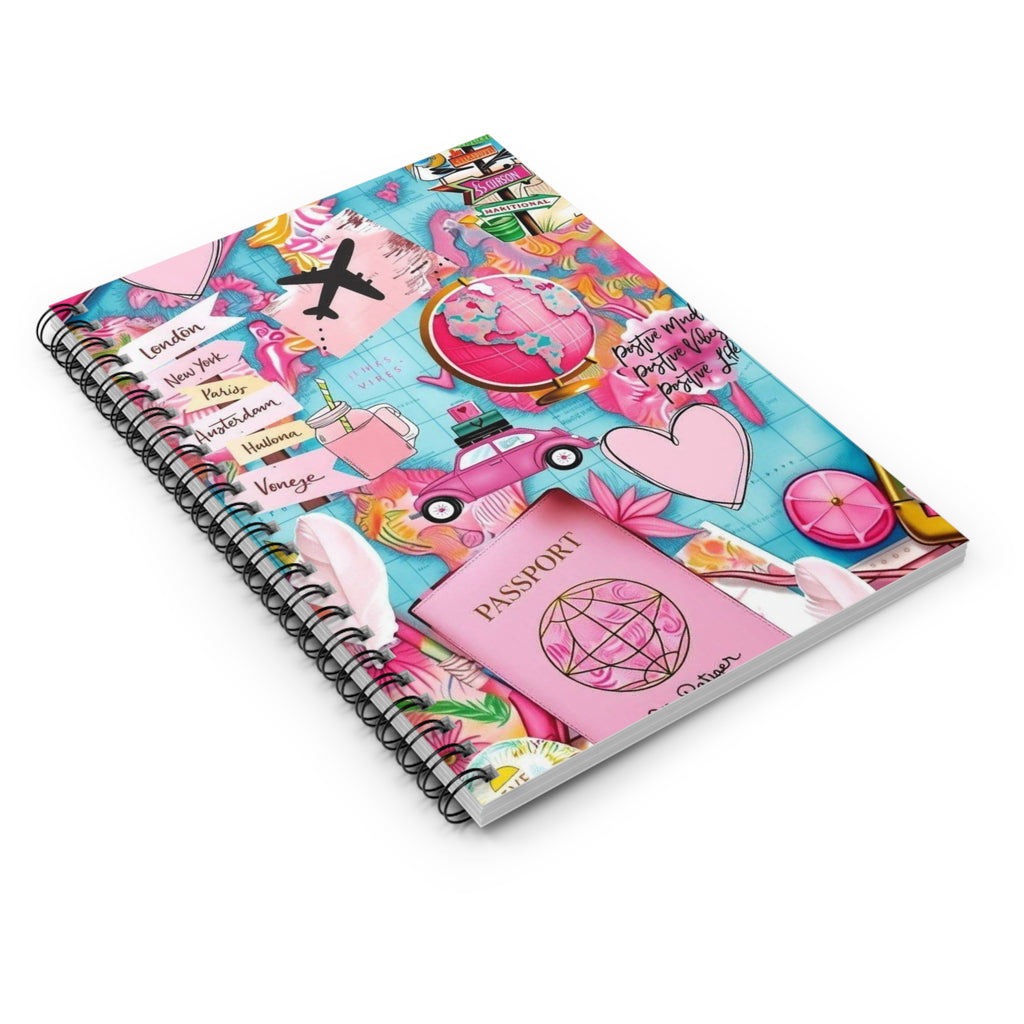 Travel Collage Spiral Notebook — Passport, Plane & Pink Adventure Journal (Ruled)
