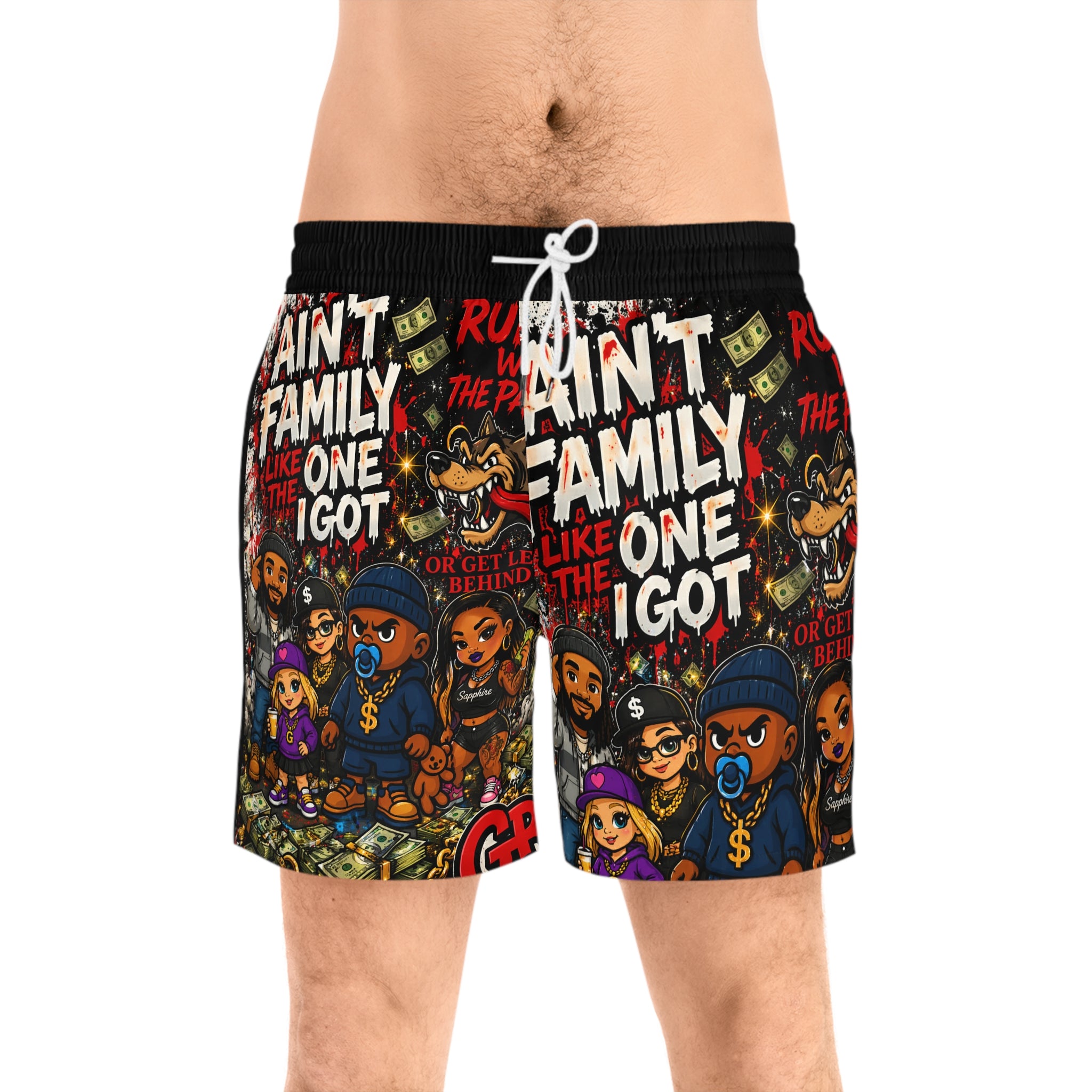 Ain't Family Swim Shorts - Bold Streetwear Cartoon All-Over Print