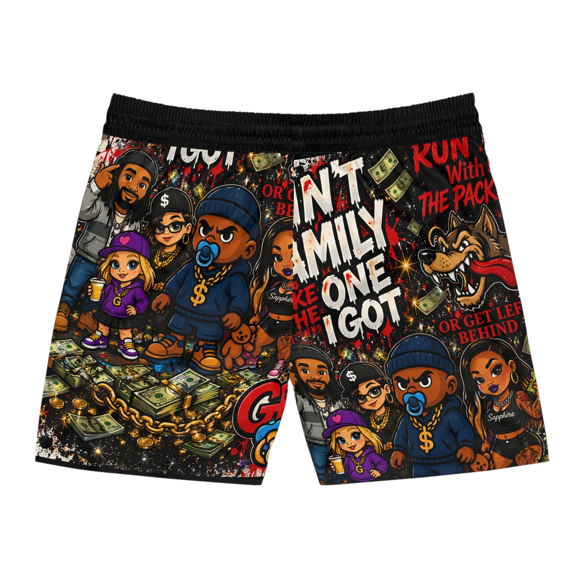 Ain't Family Swim Shorts - Bold Streetwear Cartoon All-Over Print