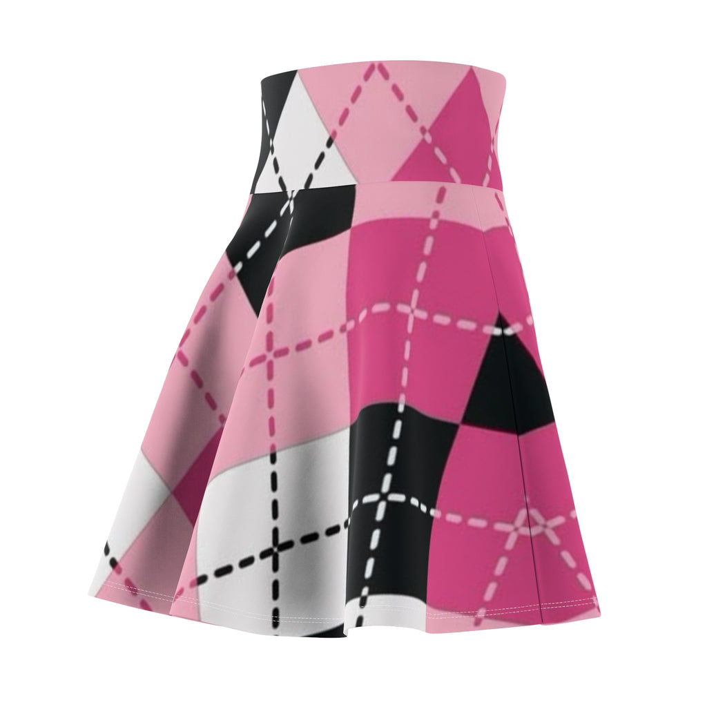Pink Argyle Skater Skirt — Retro Plaid AOP Women's Circle Skirt