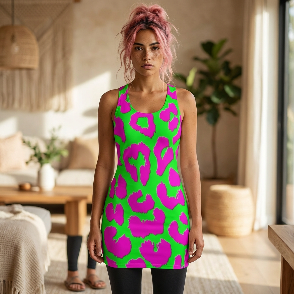 Neon Leopard Racerback Dress — Pink & Green Animal Print Women's Dress