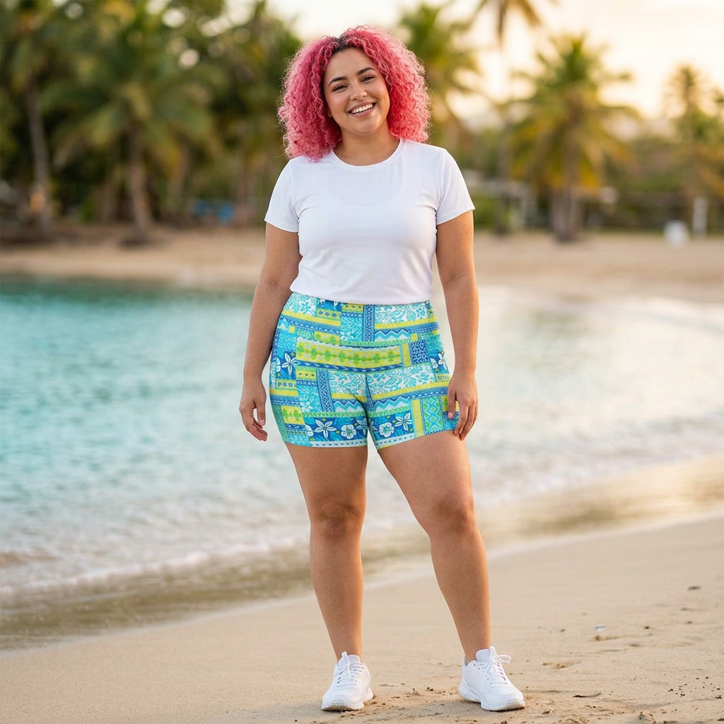 Blue Tropical Patchwork Yoga Shorts — Women's Floral Activewear