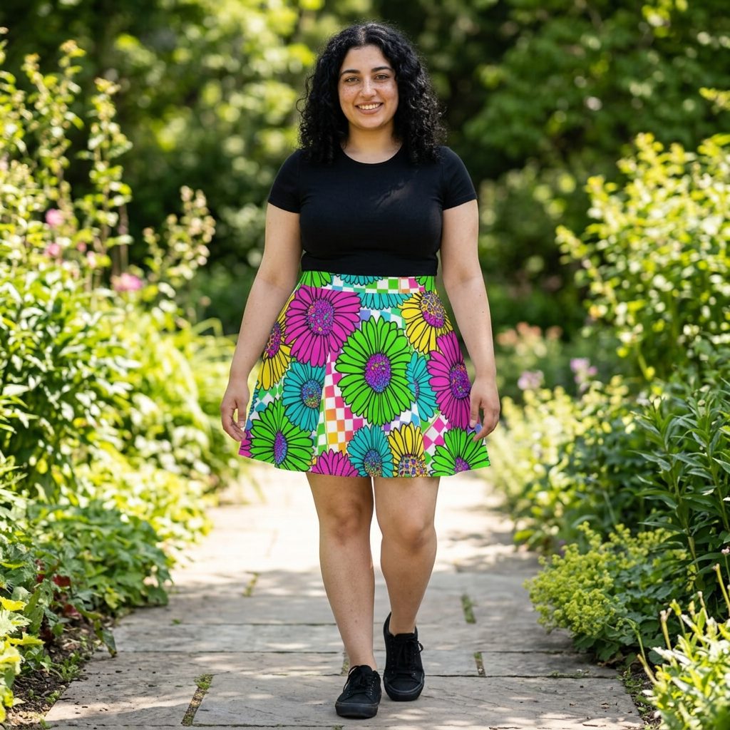 Floral Checkerboard Skater Skirt — Bright Daisy Print