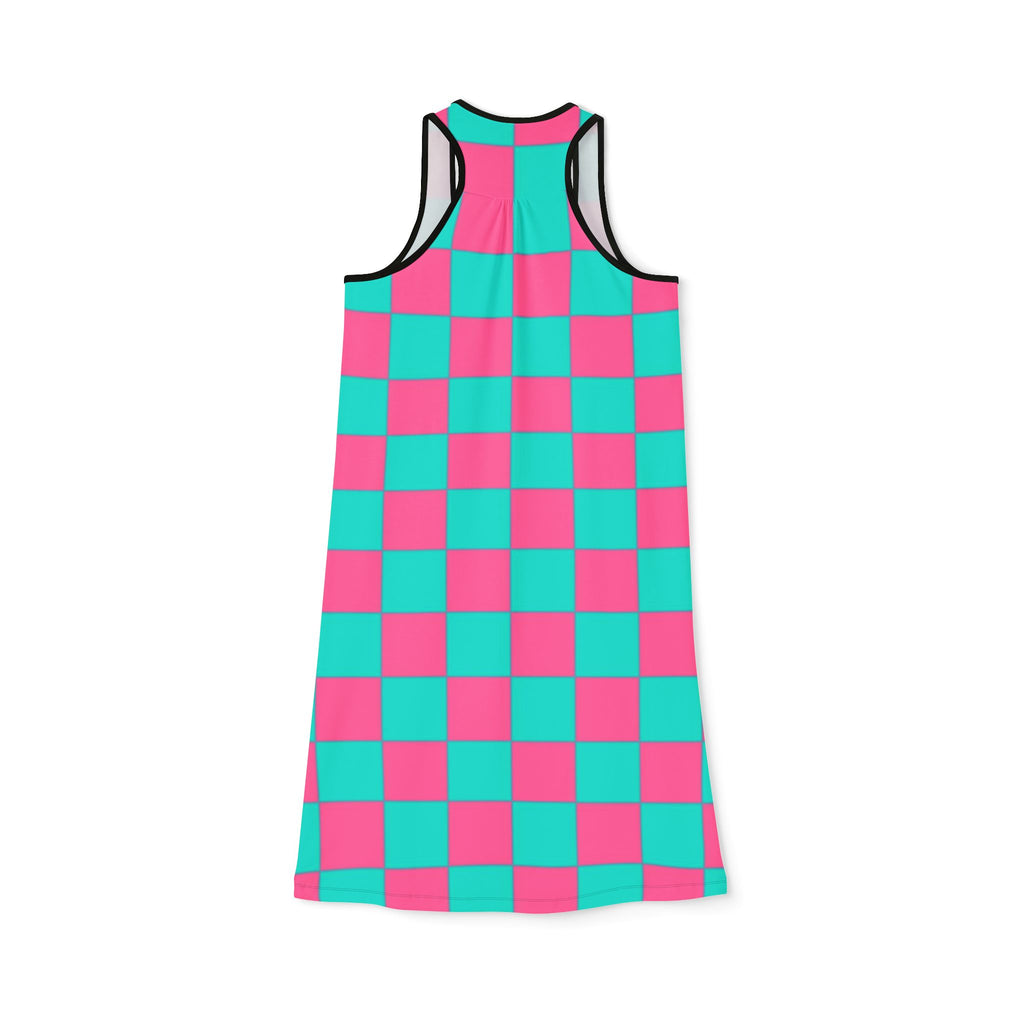 Checkerboard Racerback Dress — Pink & Teal All-Over Print