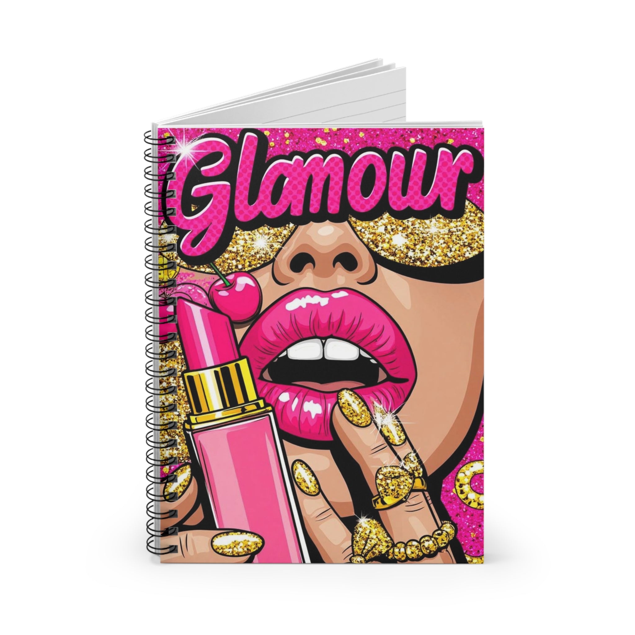 Glamour Pop Art Spiral Notebook — Pink Lipstick & Gold Glitter Journal