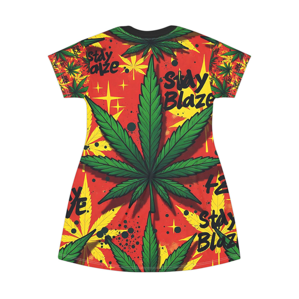 Stay Blazed T-Shirt Dress | Vibrant Cannabis-Themed Summer Dress for Relaxed Vibes