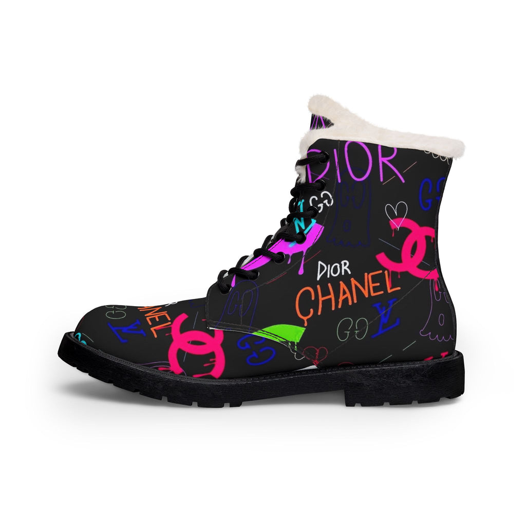 Graffiti Logo Fur-Lined Leather Boots — Colorful Designer-Inspired Women’s Winter Boots