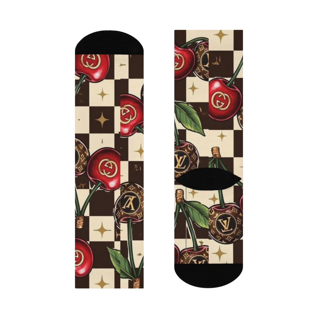 Cherry Logo Checkered Crew Socks — Designer-Inspired Cushion Crew for Fashion Lovers