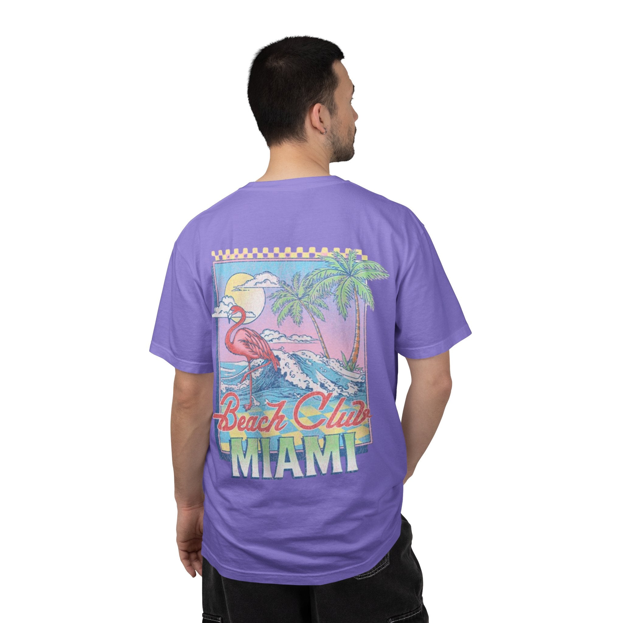 Miami Beach Club T‑Shirt — Retro Flamingo Tropical Floral Graphic Tee
