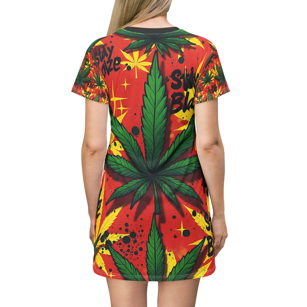 Stay Blazed T-Shirt Dress | Vibrant Cannabis-Themed Summer Dress for Relaxed Vibes