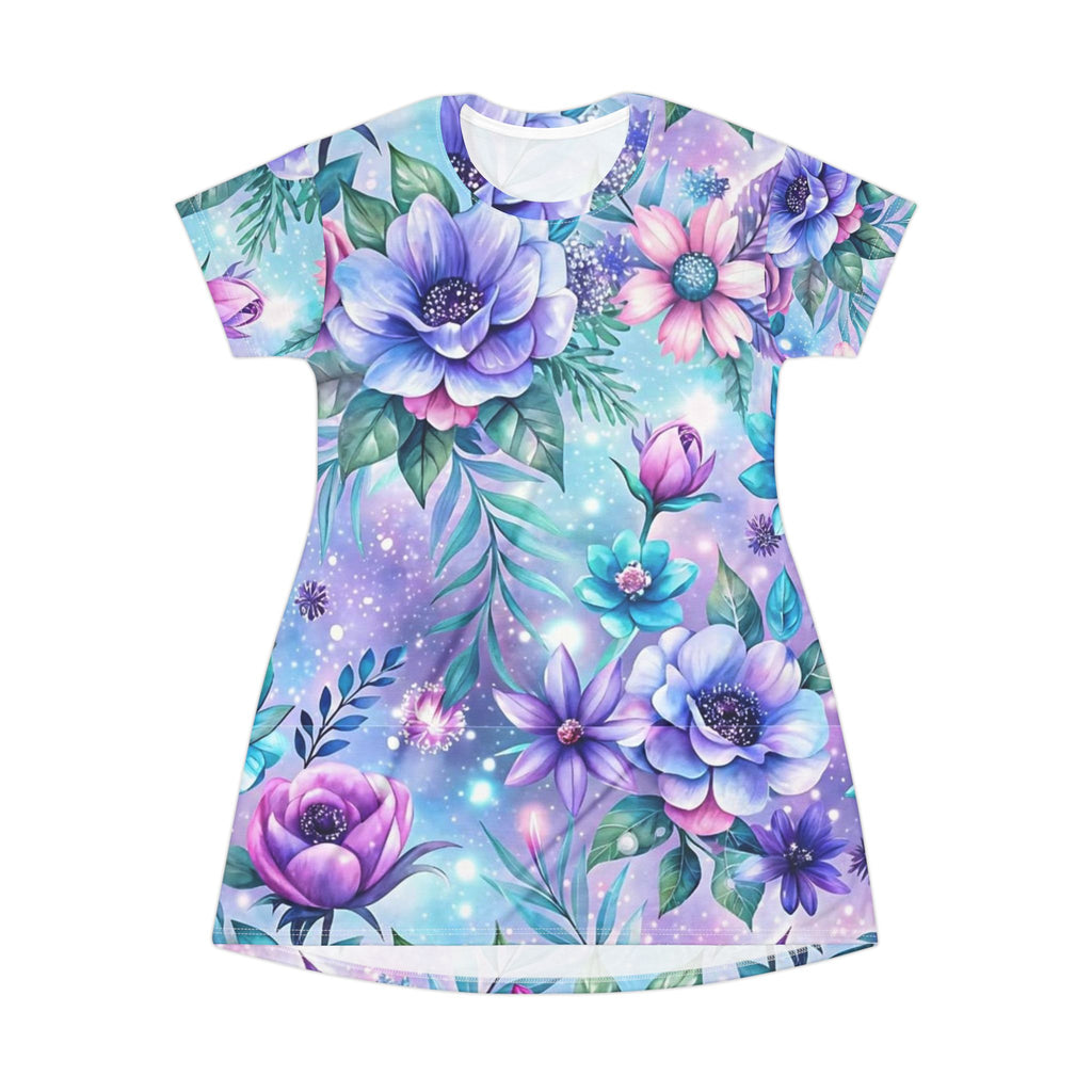 Floral Dream All-Over Print T-Shirt Dress — Pastel Purple & Teal Garden Vibes