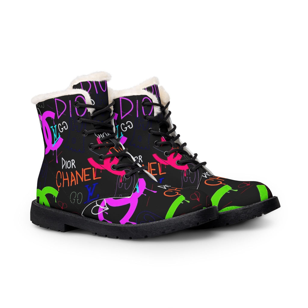 Graffiti Logo Fur-Lined Leather Boots — Colorful Designer-Inspired Women’s Winter Boots