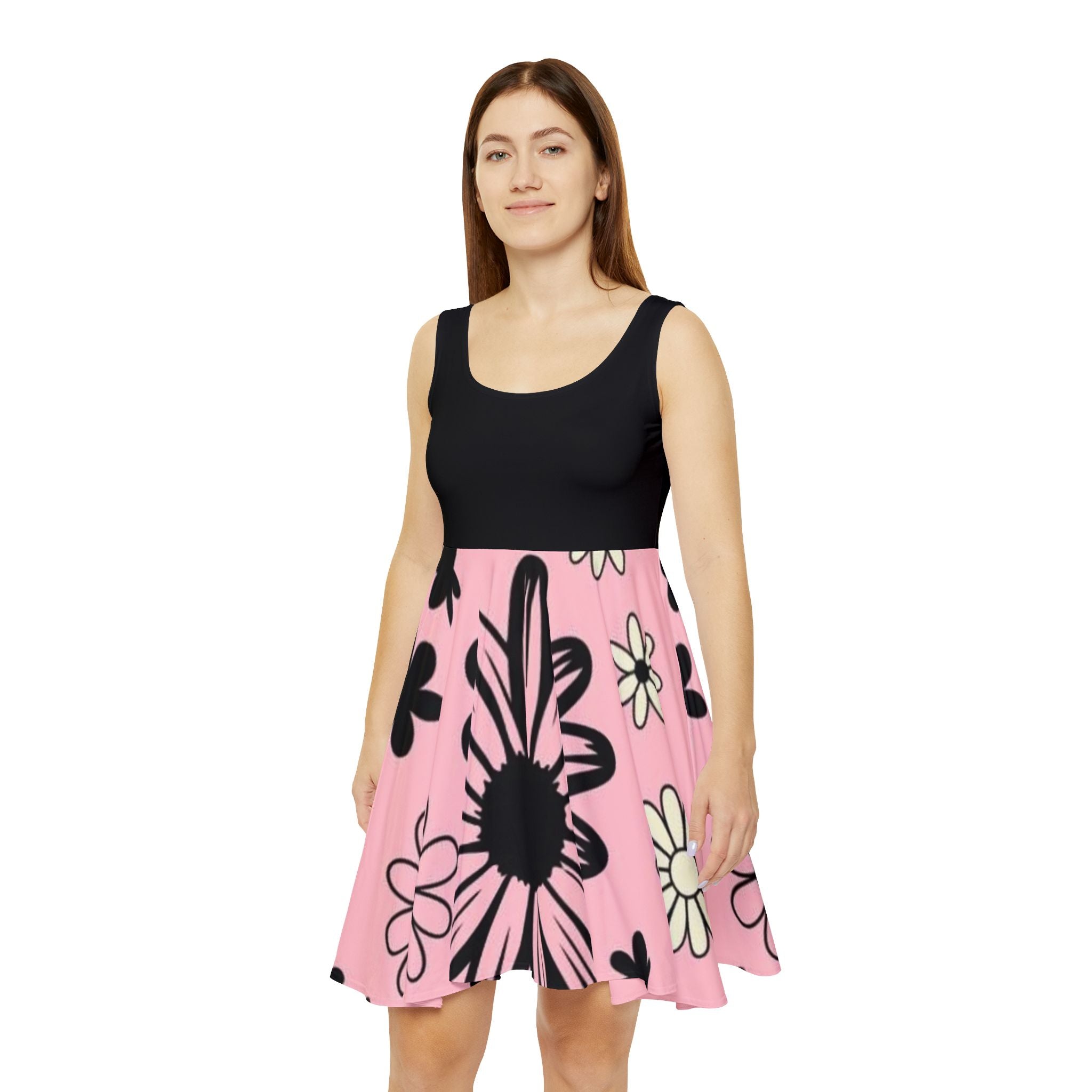 Floral Pink Skater Dress — Black & Pink Daisy Print Women's Dress