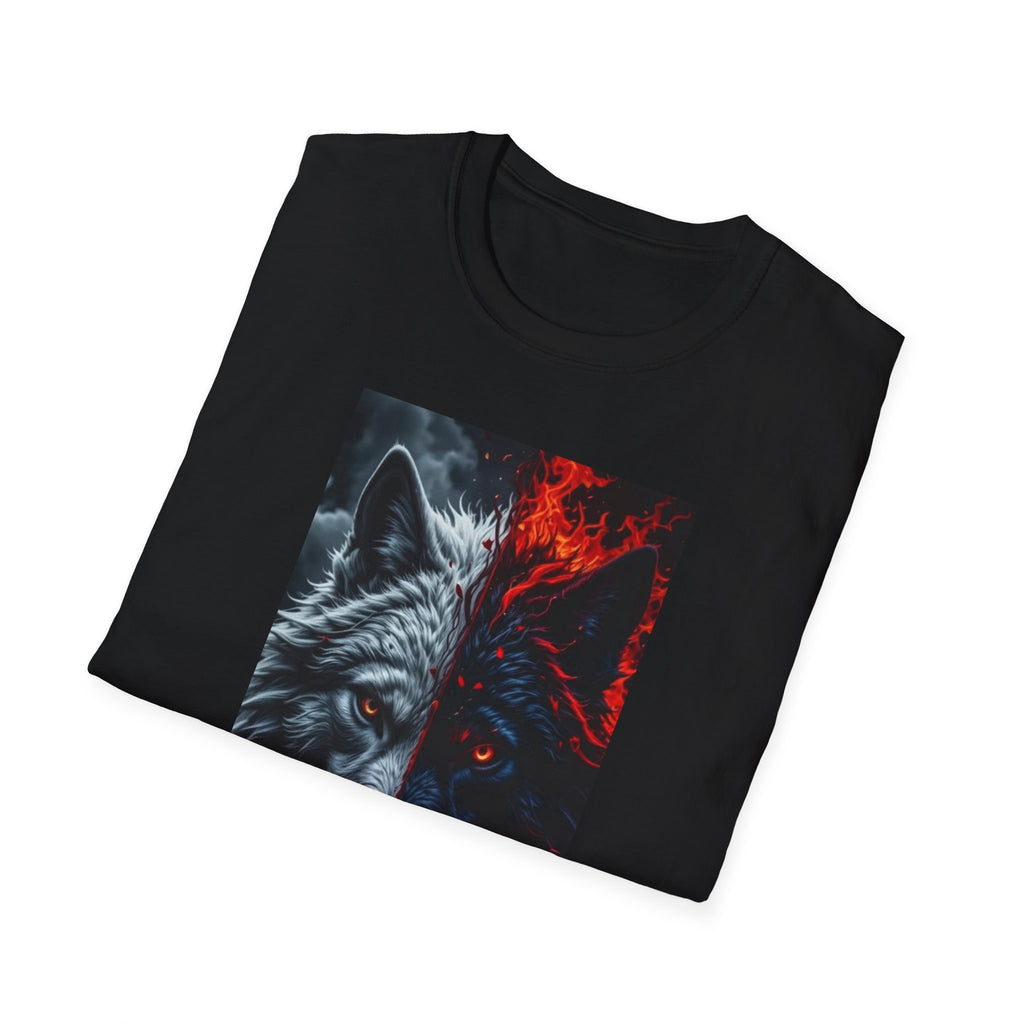 Wolf Split Face T-Shirt — Fire & Ice Graphic Tee