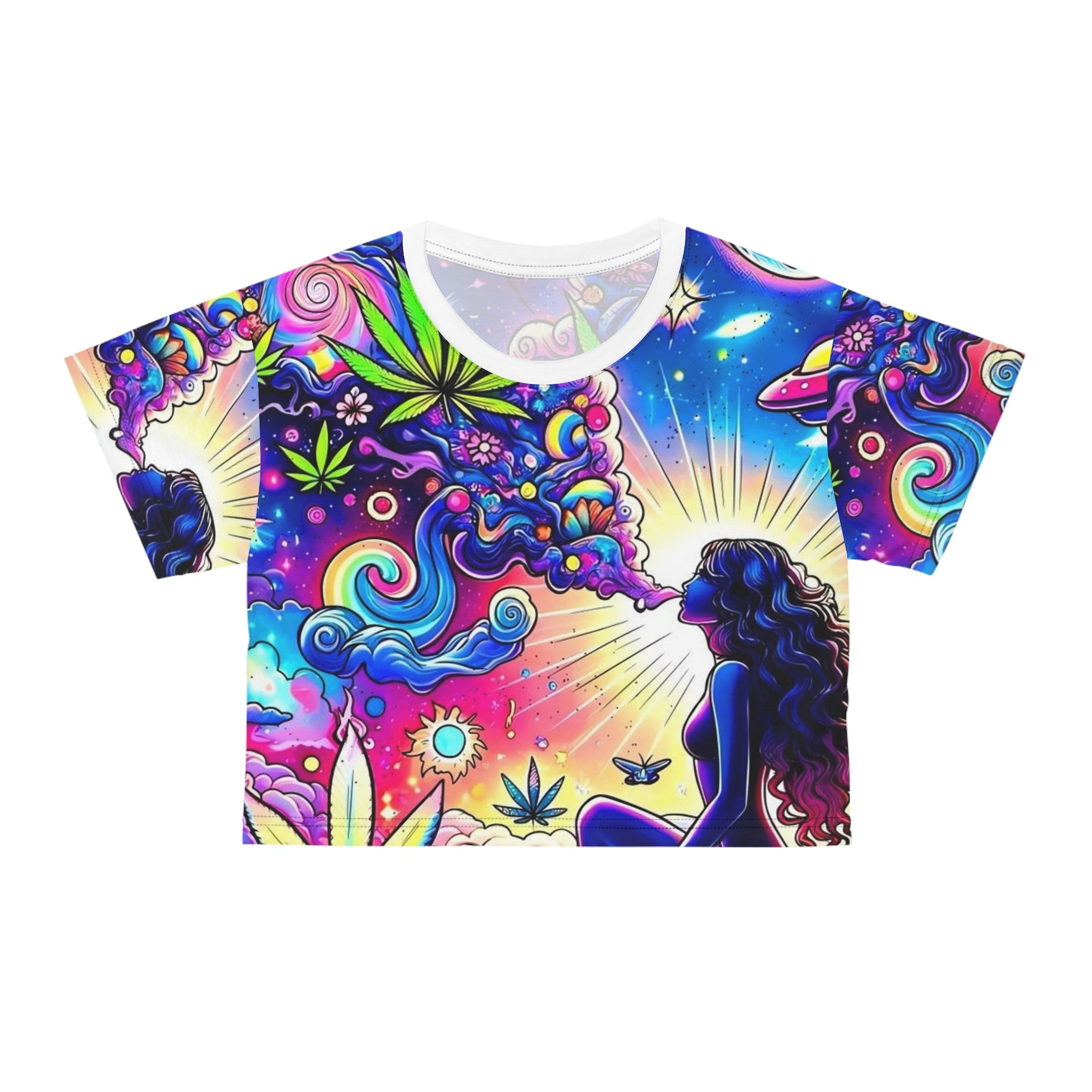 Psychedelic Cannabis Crop Tee — Colorful Trippy Goddess All-Over Print
