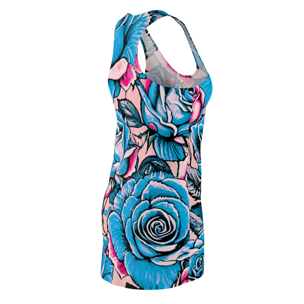 Blue Rose All-Over Print Racerback Dress — Floral Tattoo Style Sundress