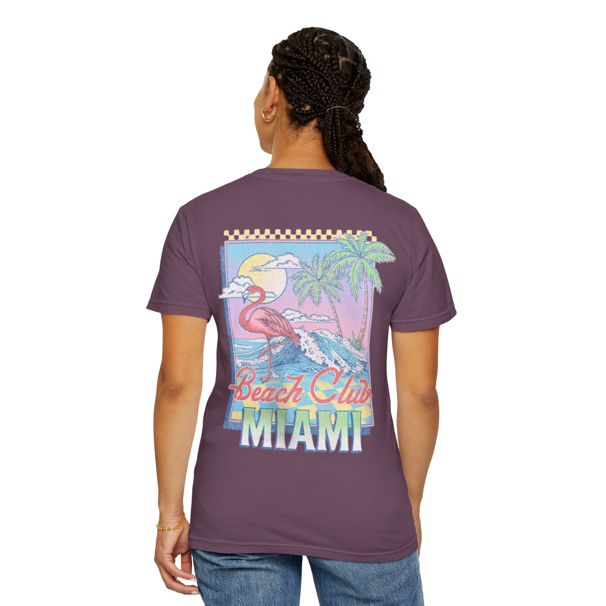 Miami Beach Club T‑Shirt — Retro Flamingo Tropical Floral Graphic Tee