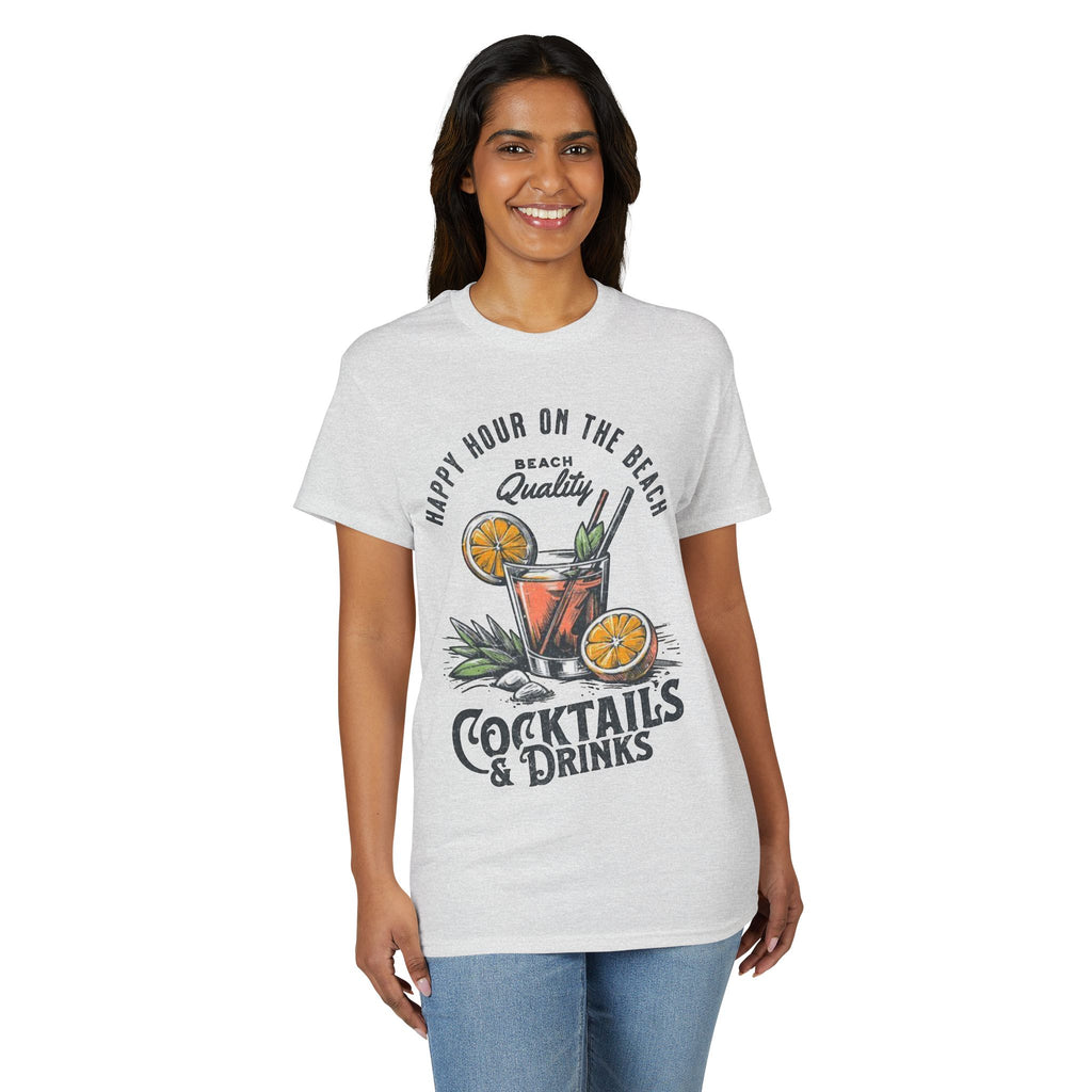 Cocktails & Drinks Beach T-Shirt — “Happy Hour on the Beach” Tropical Cocktail Tee