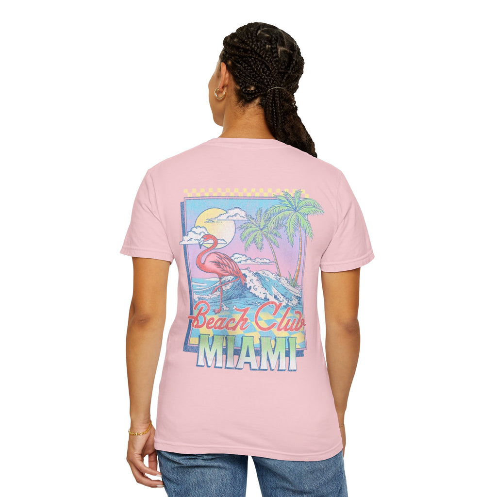 Miami Beach Club T‑Shirt — Retro Flamingo Tropical Floral Graphic Tee