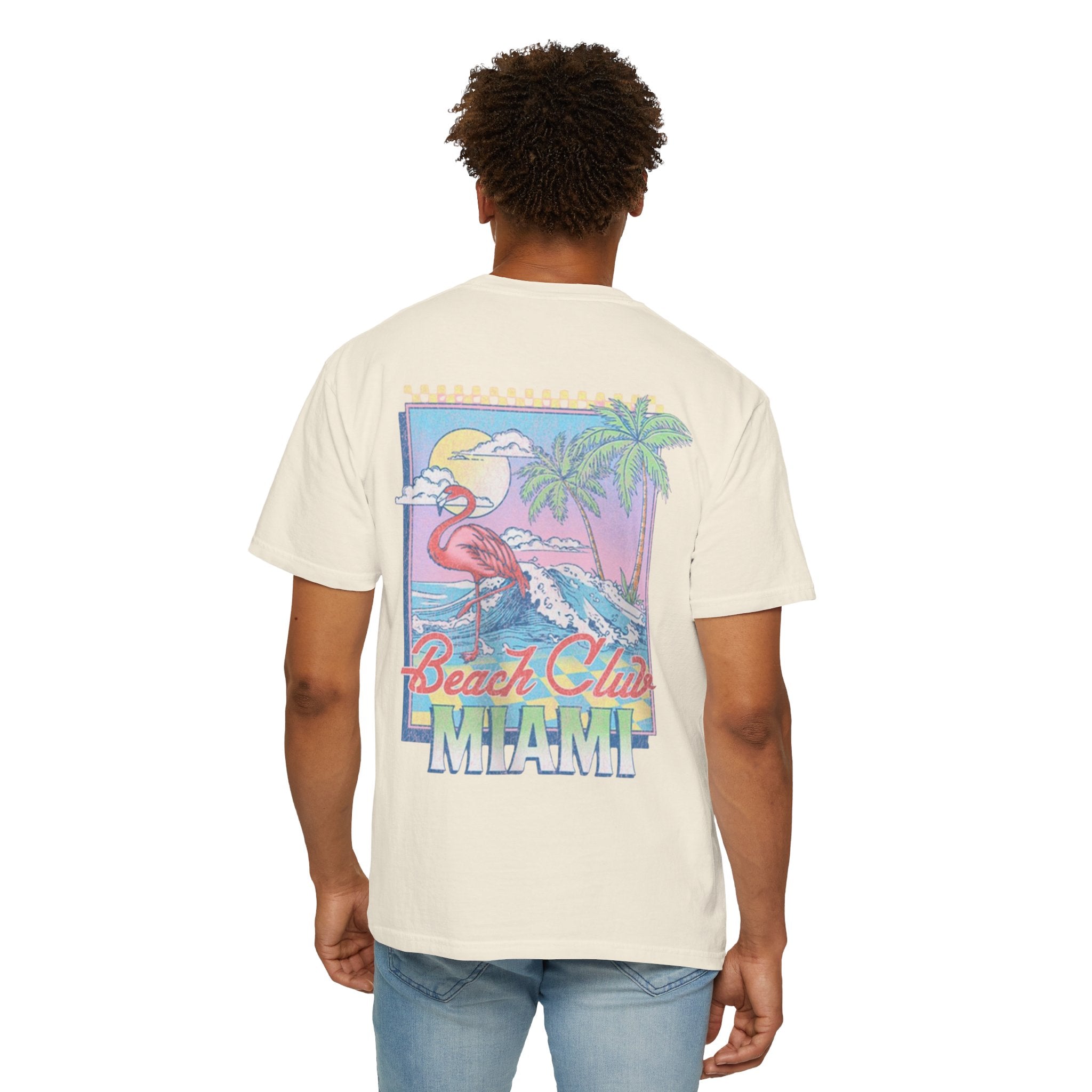 Miami Beach Club T‑Shirt — Retro Flamingo Tropical Floral Graphic Tee
