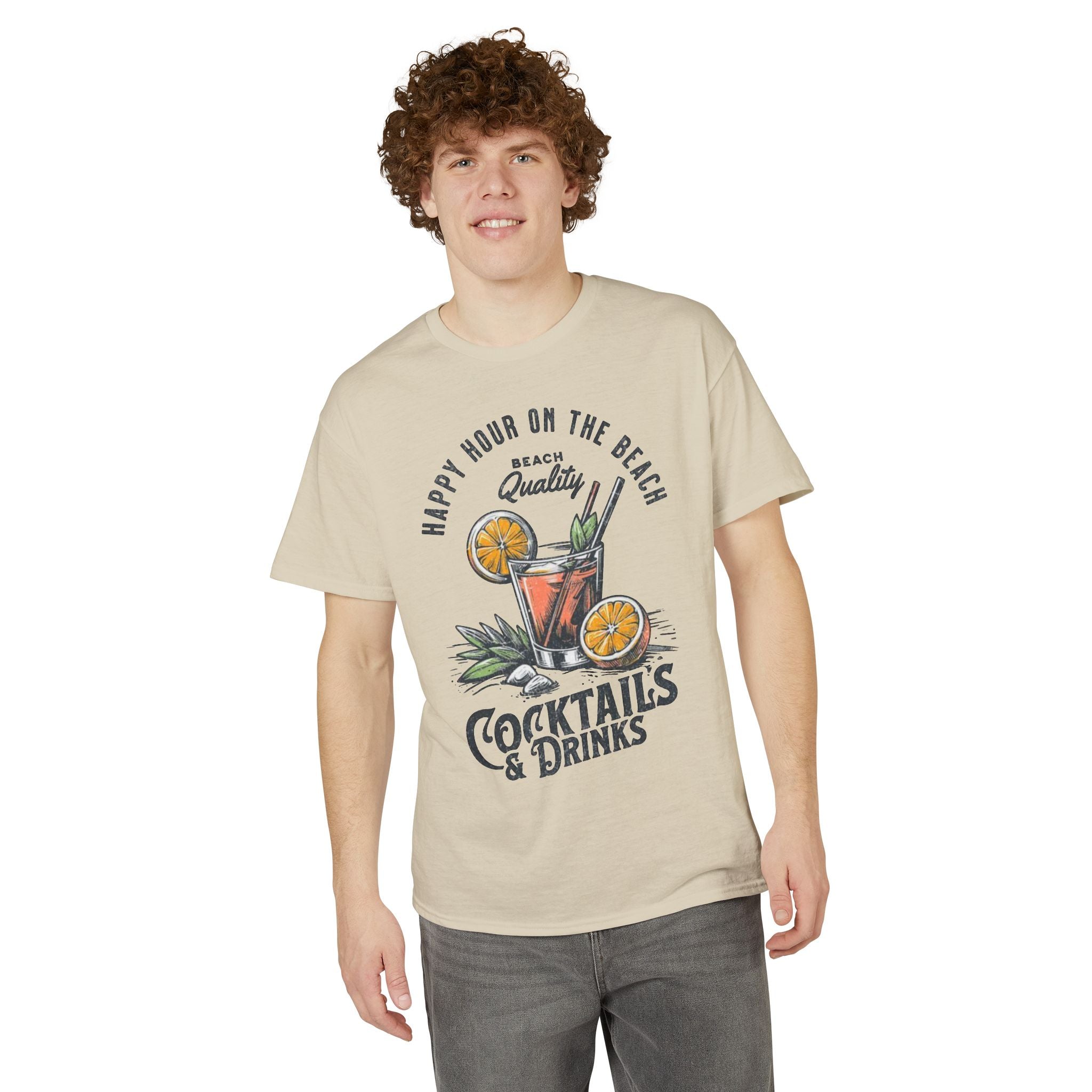 Cocktails & Drinks Beach T-Shirt — “Happy Hour on the Beach” Tropical Cocktail Tee