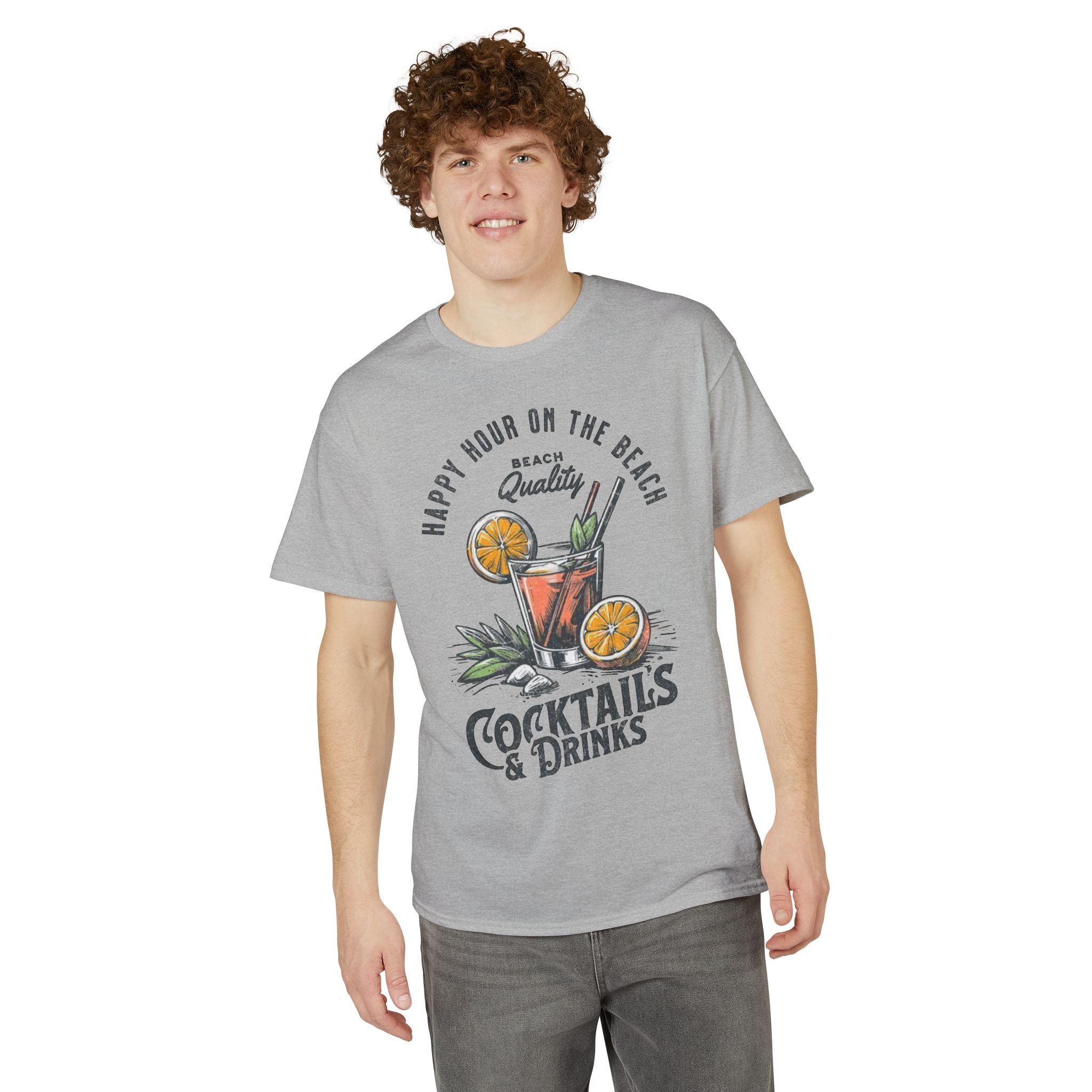 Cocktails & Drinks Beach T-Shirt — “Happy Hour on the Beach” Tropical Cocktail Tee