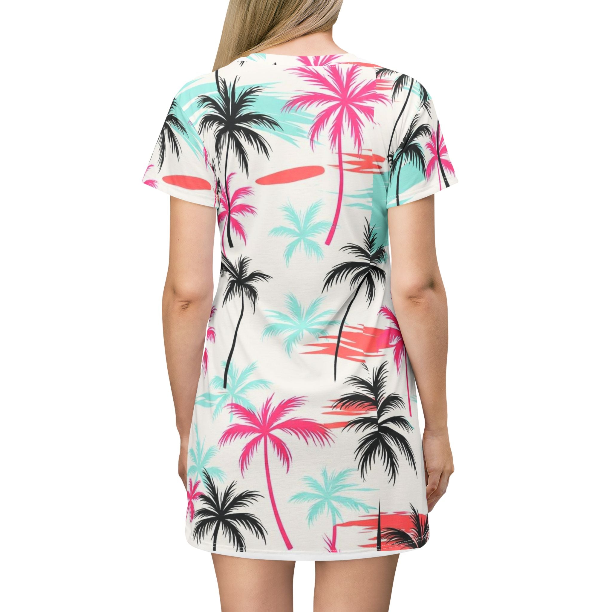 Palm Beach T-Shirt Dress — Tropical Palm Tree All-Over Print Summer Dress