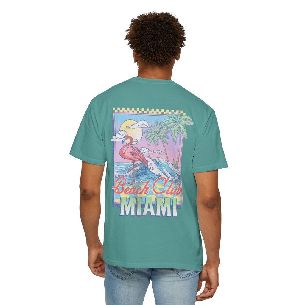 Miami Beach Club T‑Shirt — Retro Flamingo Tropical Floral Graphic Tee