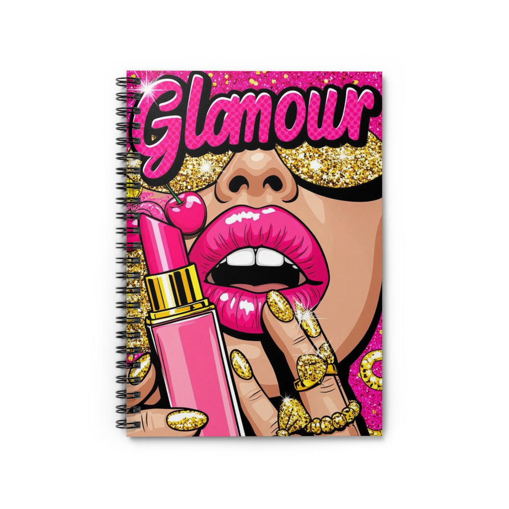 Glamour Pop Art Spiral Notebook — Pink Lipstick & Gold Glitter Journal
