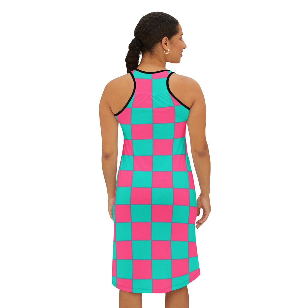 Checkerboard Racerback Dress — Pink & Teal All-Over Print