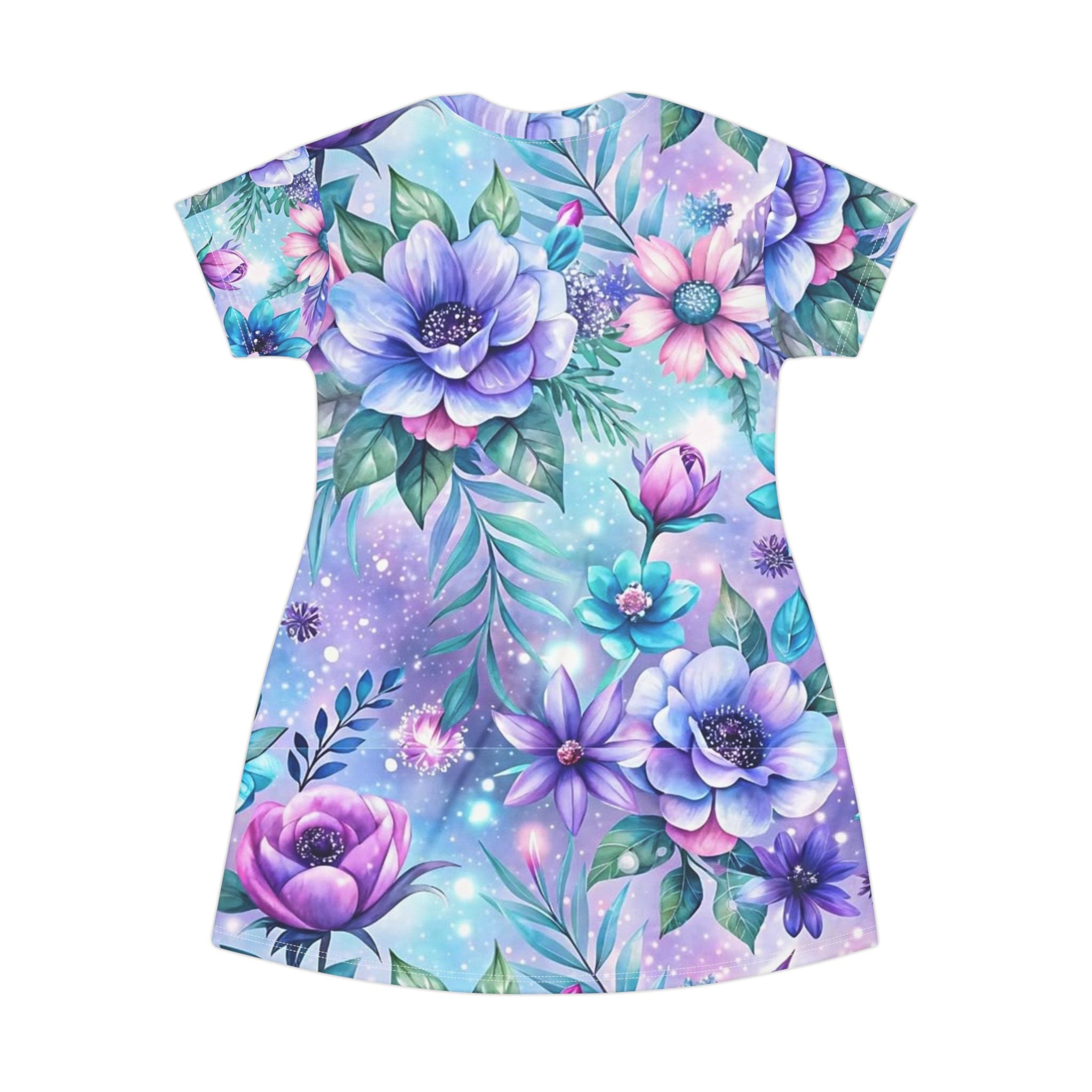 Floral Dream All-Over Print T-Shirt Dress — Pastel Purple & Teal Garden Vibes