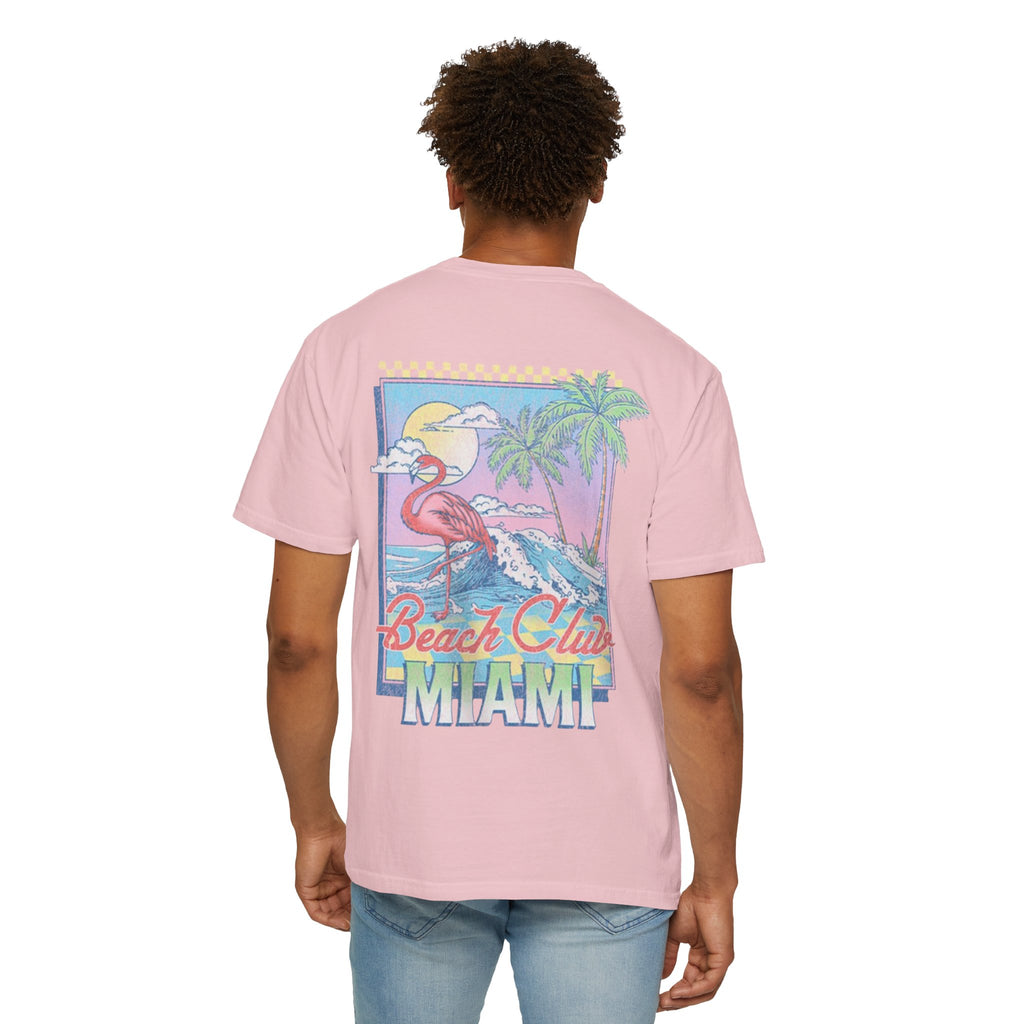 Miami Beach Club T‑Shirt — Retro Flamingo Tropical Floral Graphic Tee