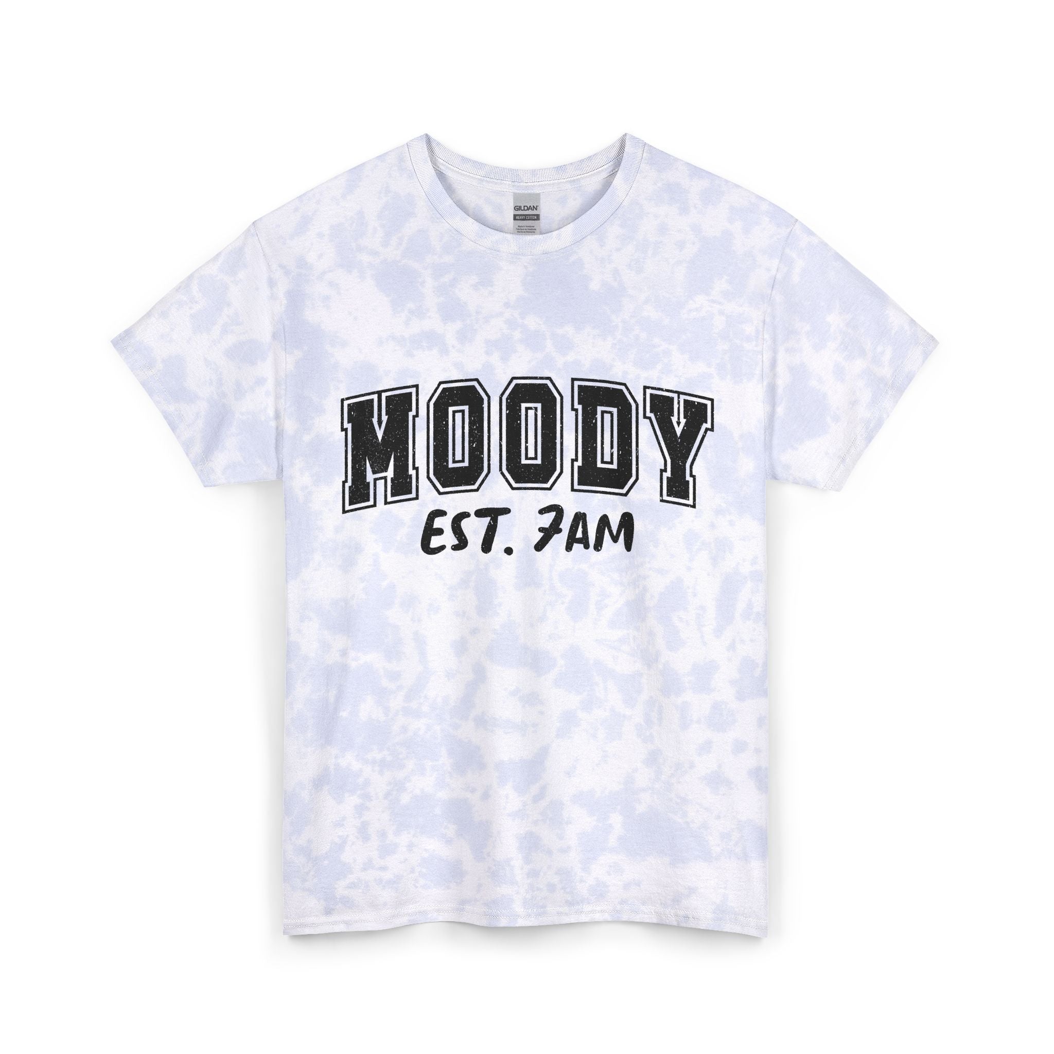 Moody Est. 7AM Tie-Dye Tee — Blue Spiral Graphic T-Shirt