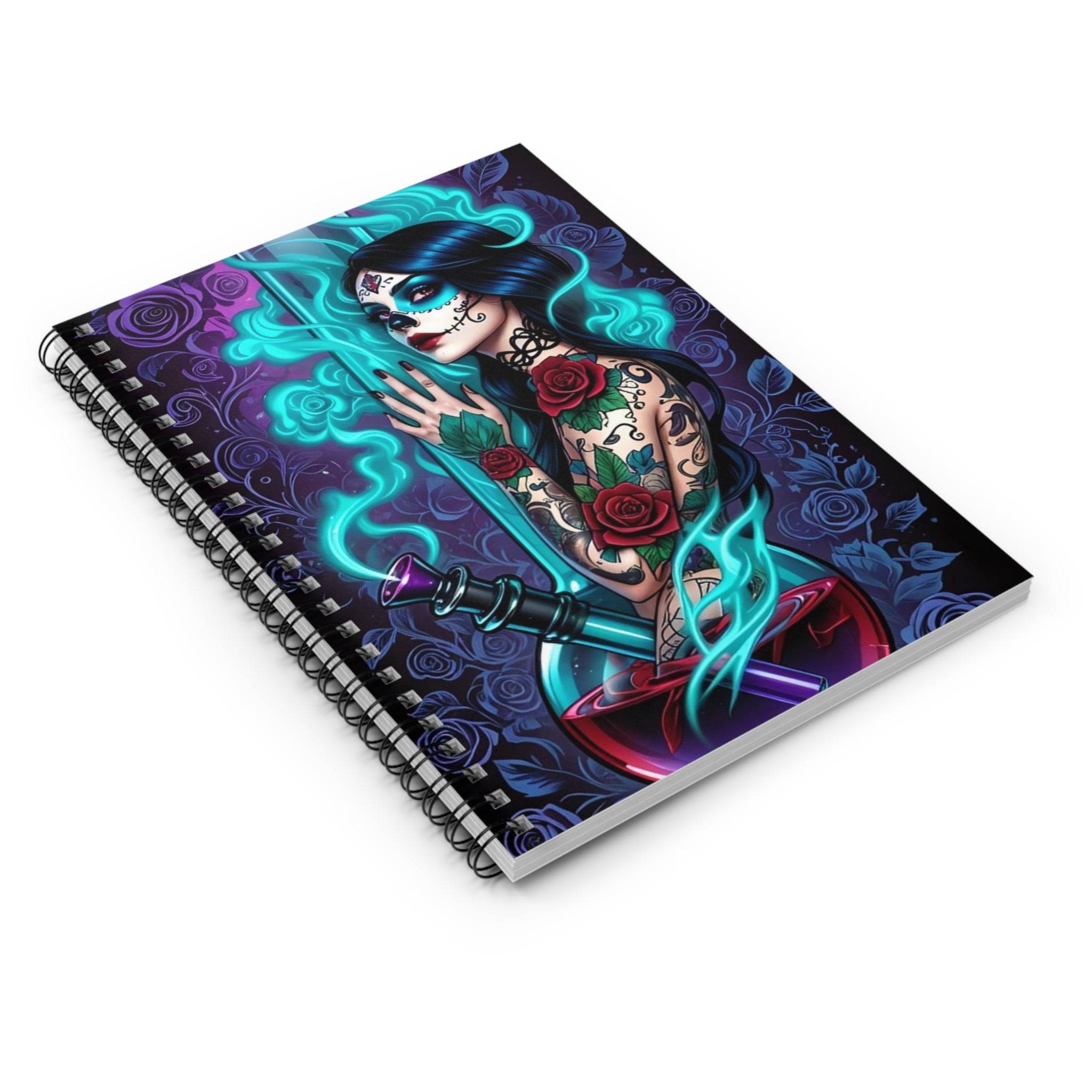 Sugar Skull Witch Notebook — Ruled Spiral Journal with Tattooed Day of the Dead Design