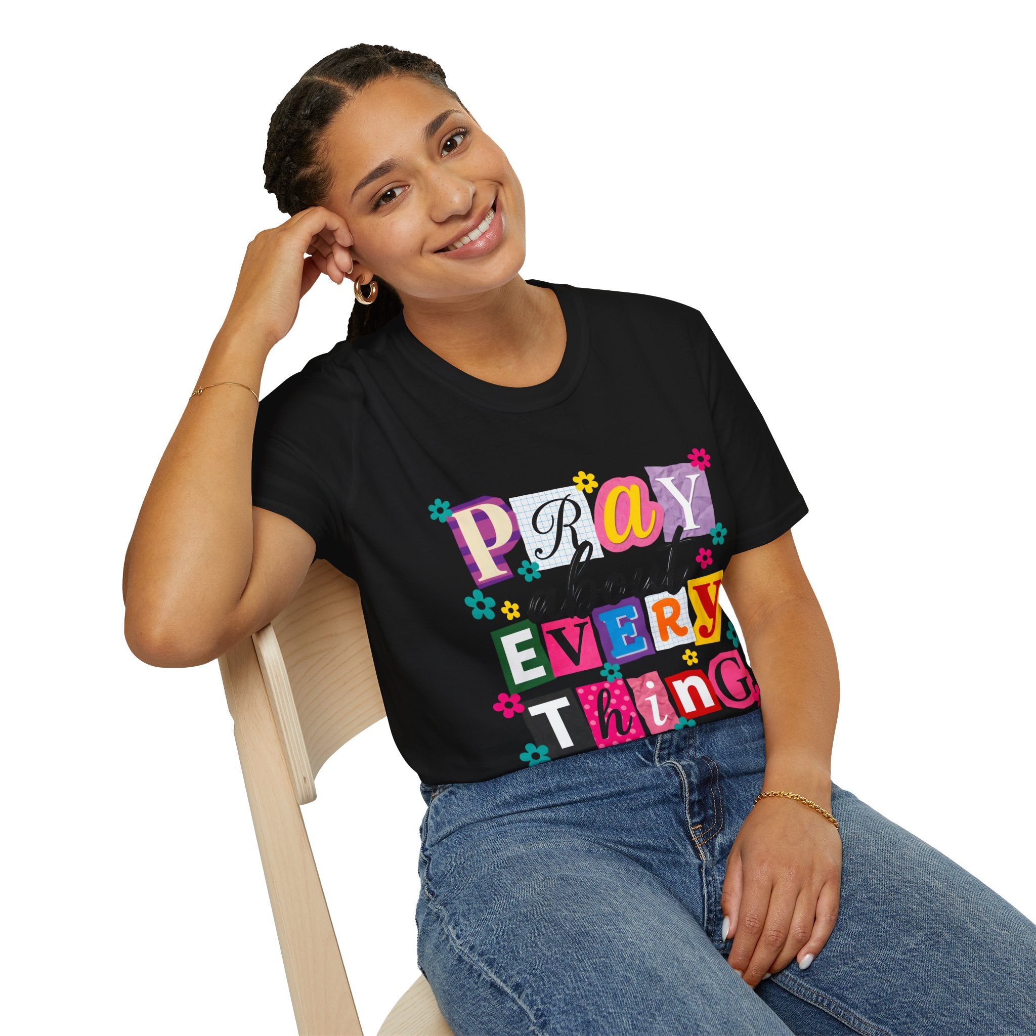 T-Shirt — "Pray About Everything" Colorful Floral Faith Graphic