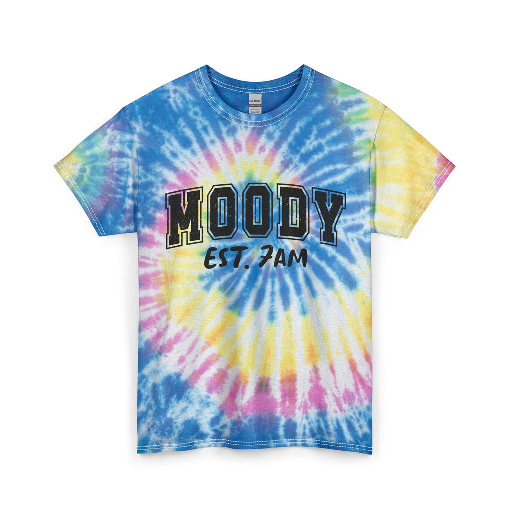 Moody Est. 7AM Tie-Dye Tee — Blue Spiral Graphic T-Shirt