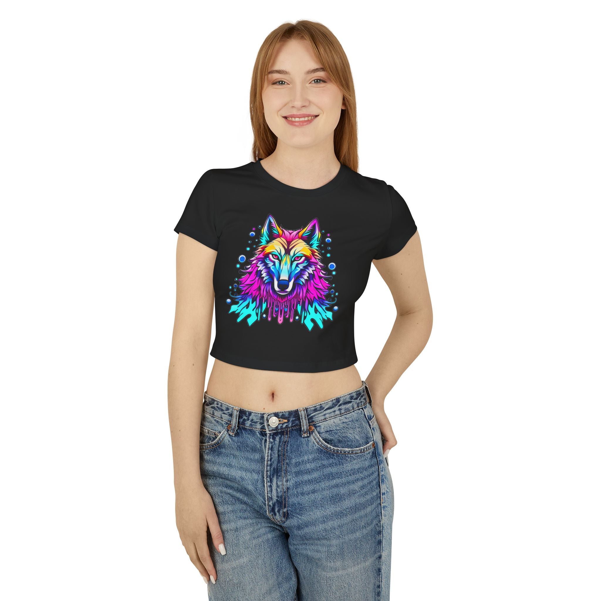 Colorful Wolf Women's Baby Tee — Vibrant Neon Wolf Graphic Crop Shirt
