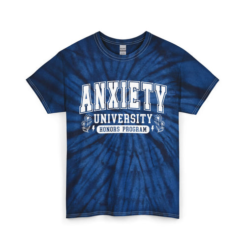 Anxiety University Tie-Dye Tee — Blue "Anxiety University Honors Program" Graphic T‑Shirt