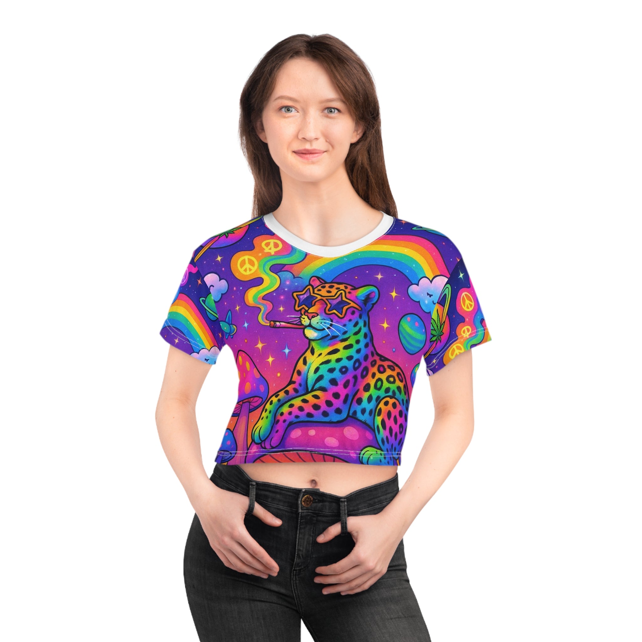 Psychedelic Rainbow Leopard Crop Tee — Retro Trippy Graphic Top