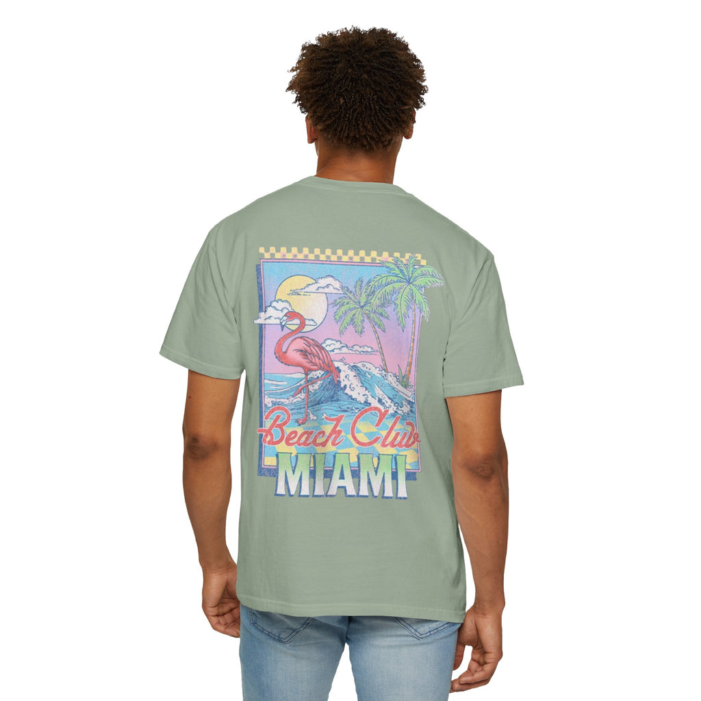 Miami Beach Club T‑Shirt — Retro Flamingo Tropical Floral Graphic Tee