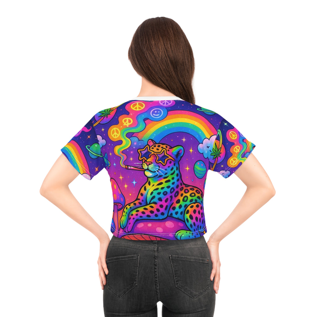 Psychedelic Rainbow Leopard Crop Tee — Retro Trippy Graphic Top