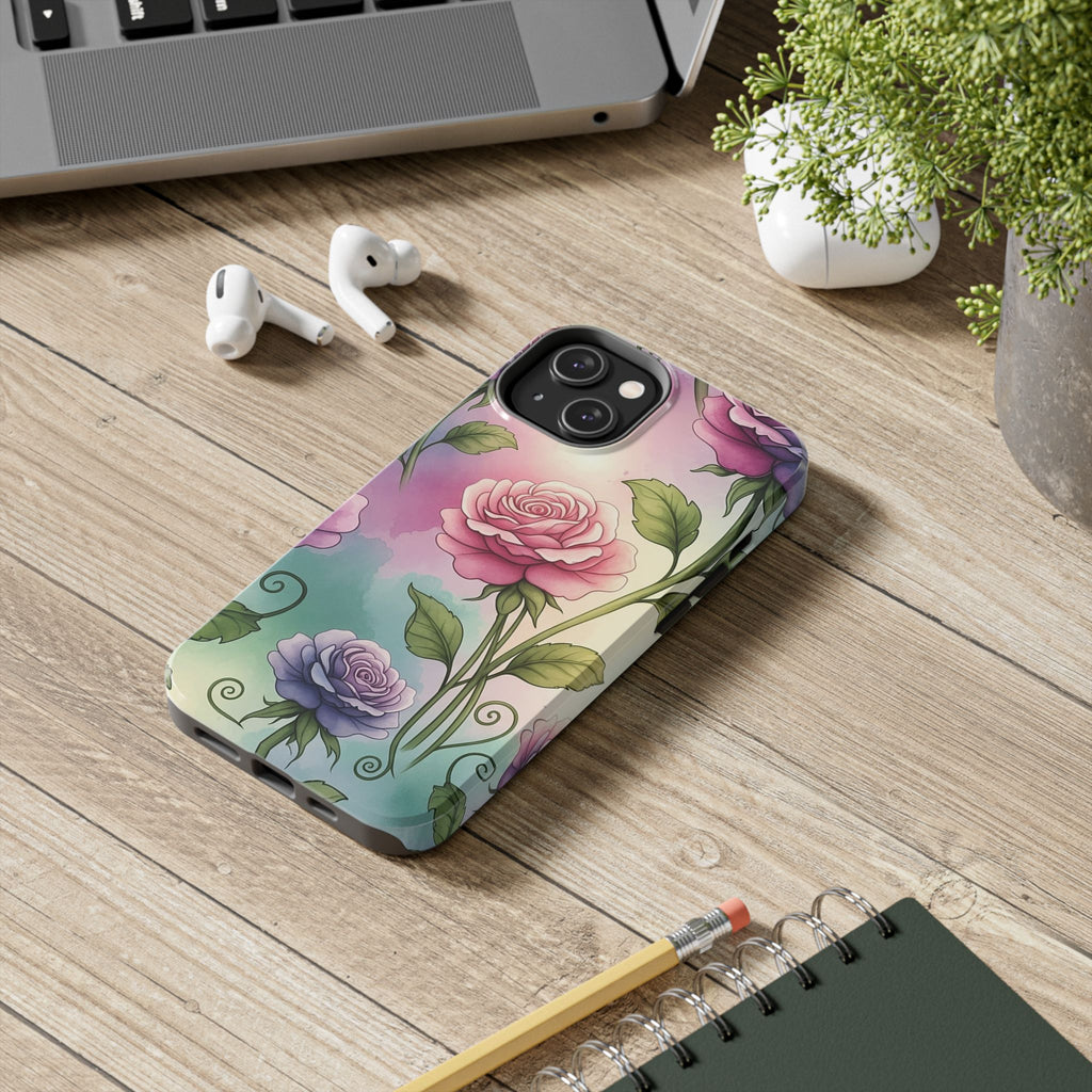 Floral Rose Tough Phone Case — Pastel Watercolor Protection