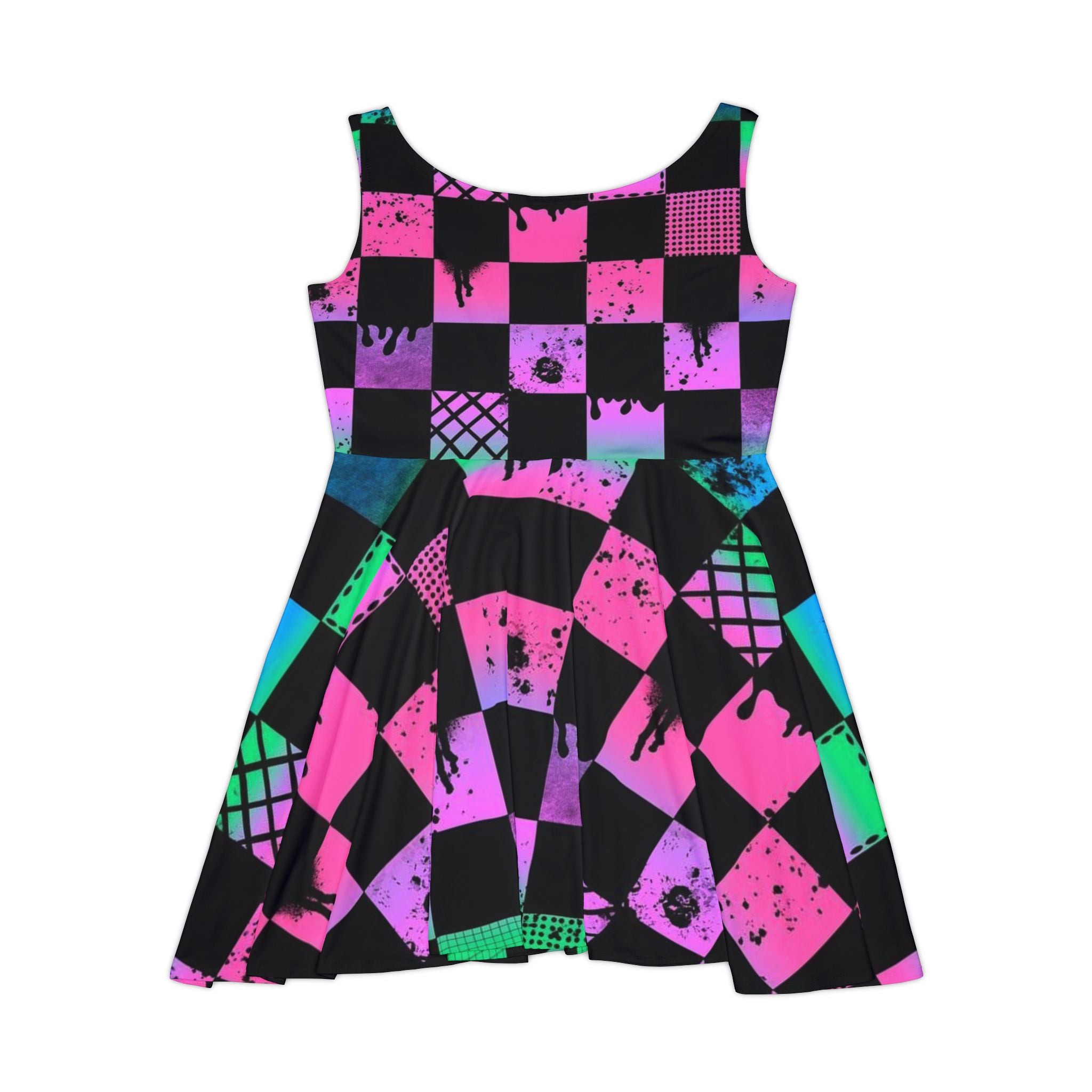 Neon Checkerboard Skater Dress — Retro 90s Punk AOP Dress
