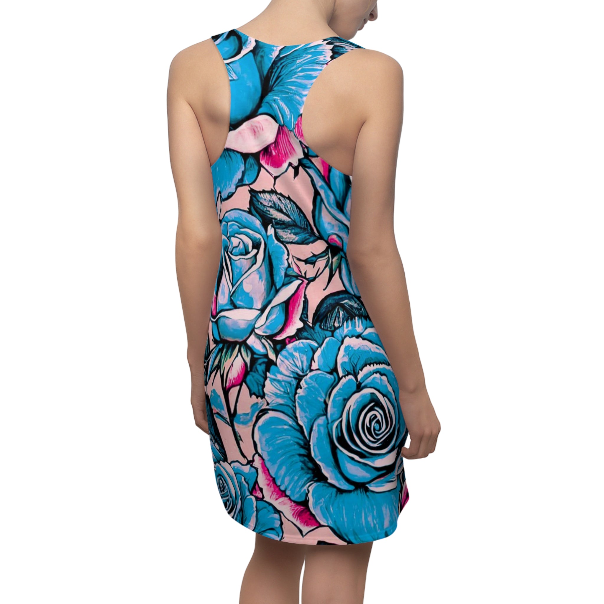 Blue Rose All-Over Print Racerback Dress — Floral Tattoo Style Sundress