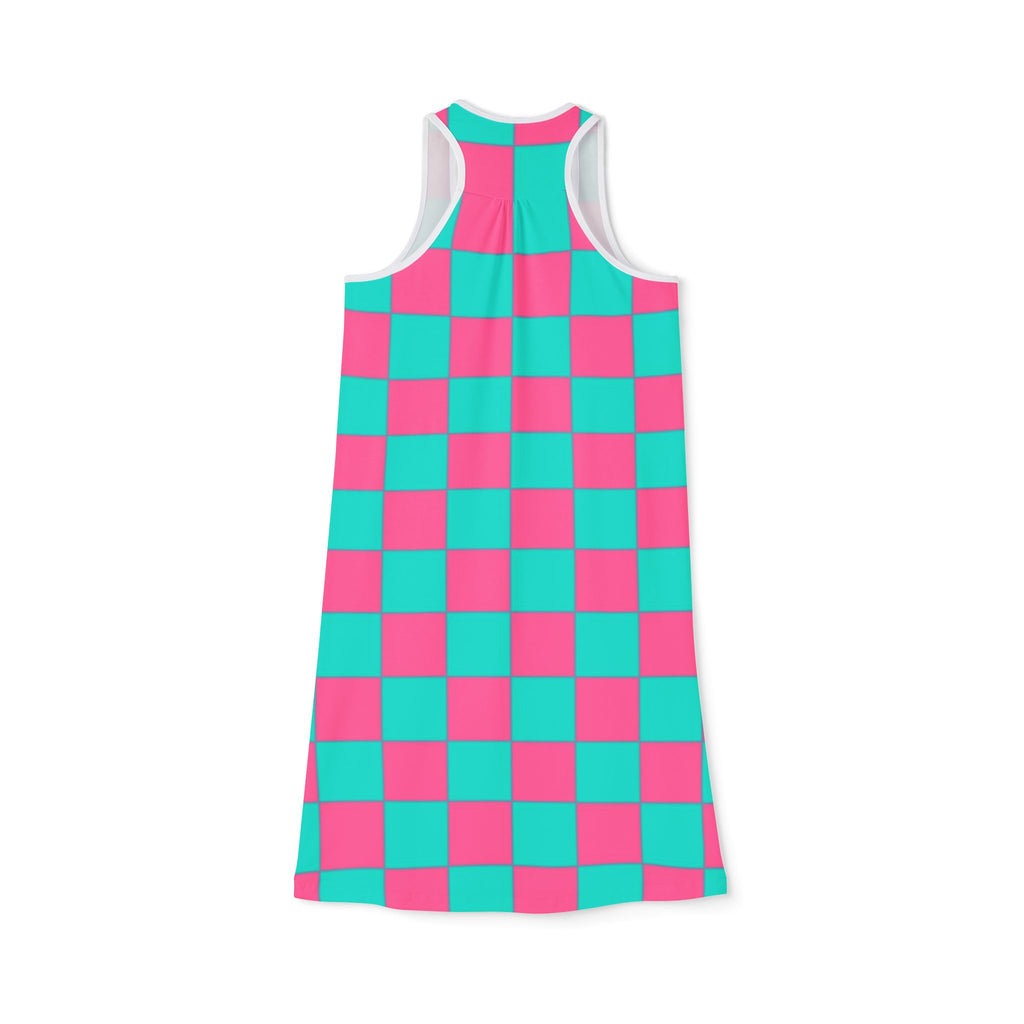 Checkerboard Racerback Dress — Pink & Teal All-Over Print