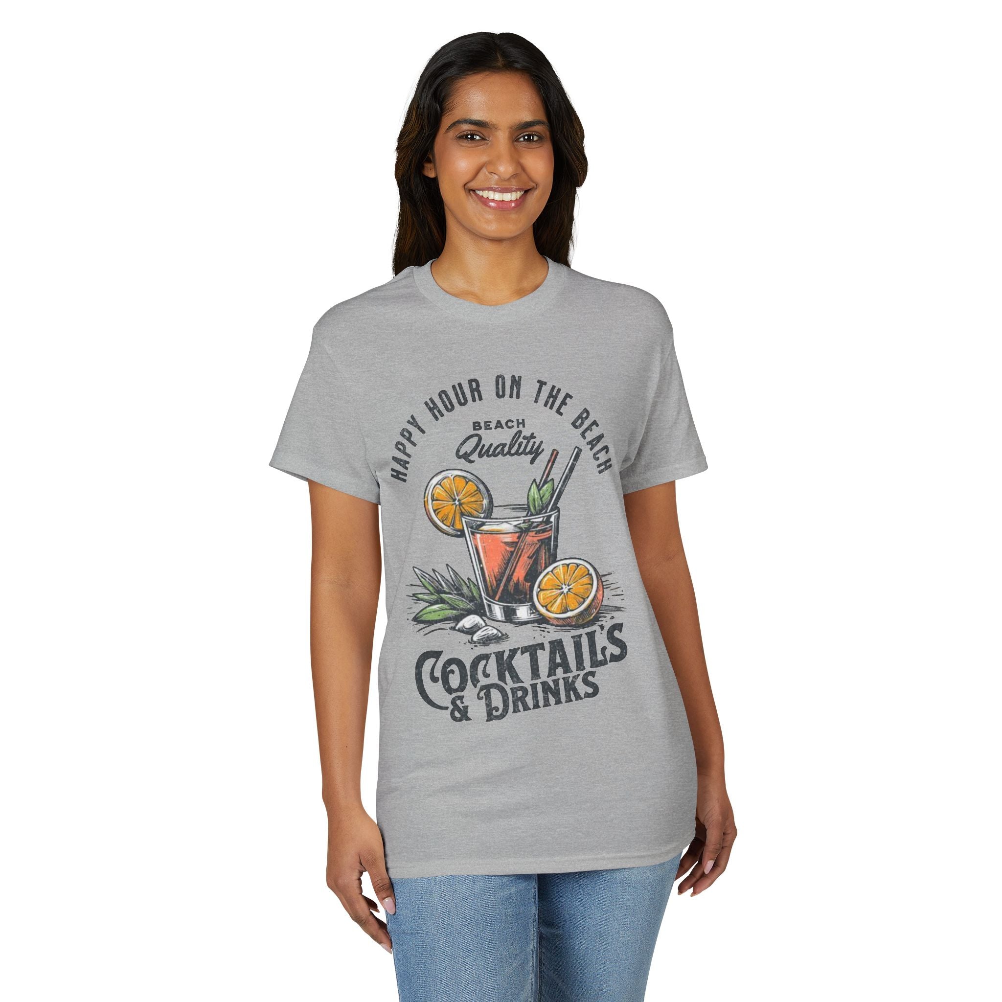 Cocktails & Drinks Beach T-Shirt — “Happy Hour on the Beach” Tropical Cocktail Tee